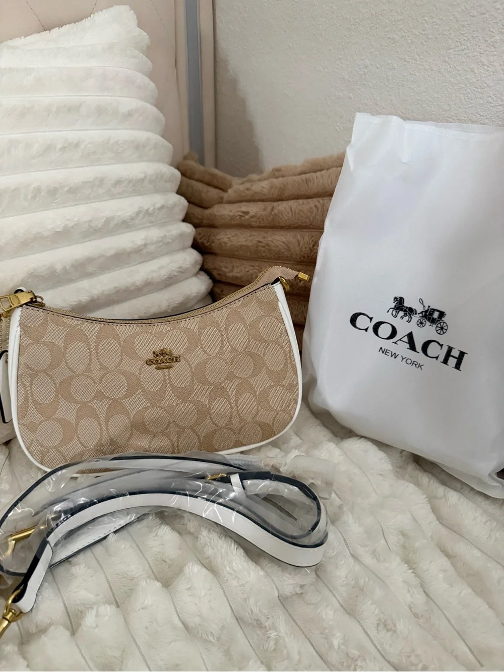 Coach Beige Signature Canvas Crescent Shoulder Bag with White Trim